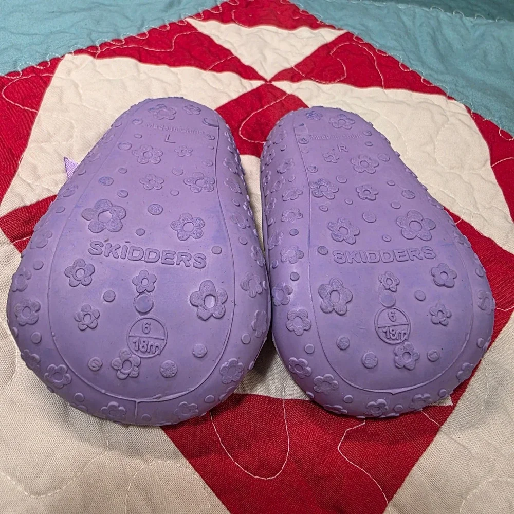 Skidders Mary Jane Shoes Baby Girl Size 6 18M Purple Floral Bow Slip On Slippers